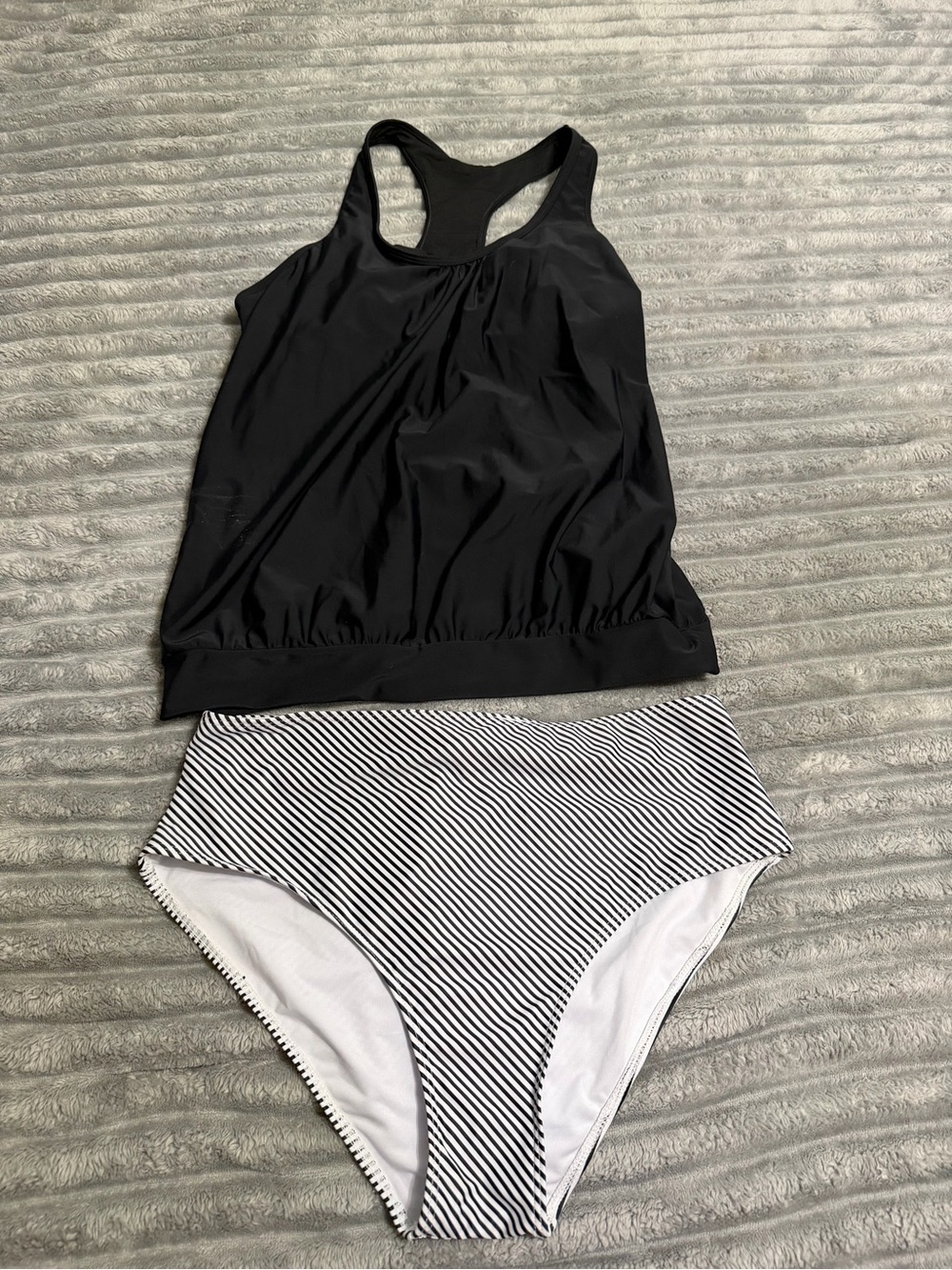 Younique Black Tankini Top with Black-and-White Striped High-Waist Bottom